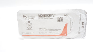 Ethicon Y432 6-0 MONOCRYL Undyed TF 13mm 1/2c Taper, 27inch (x)